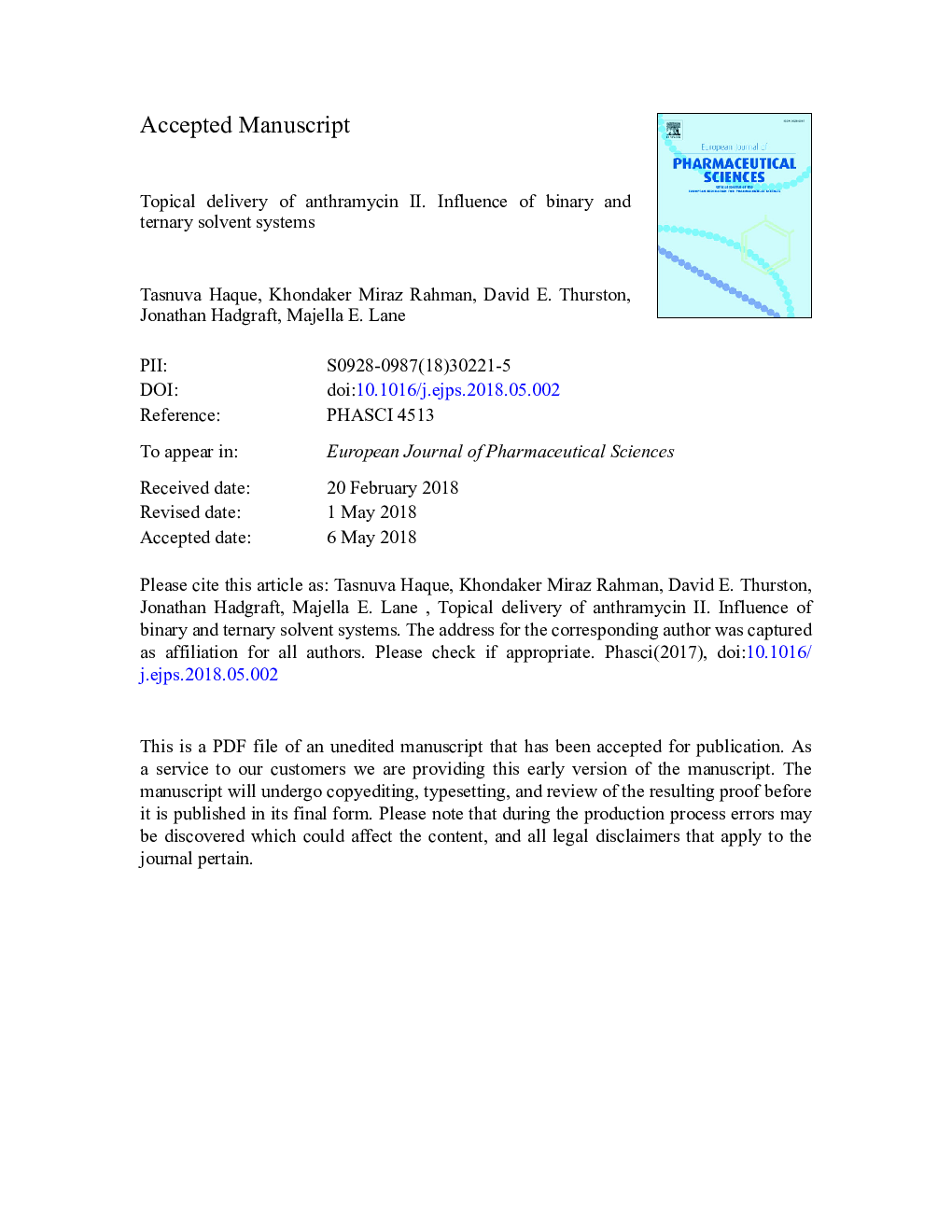 Topical delivery of anthramycin II. Influence of binary and ternary solvent systems