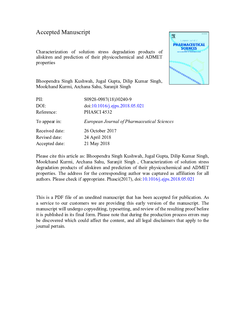 Characterization of solution stress degradation products of aliskiren and prediction of their physicochemical and ADMET properties