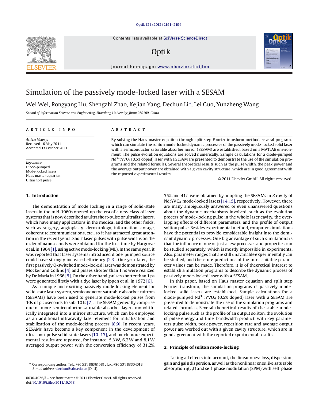 Simulation of the passively mode-locked laser with a SESAM