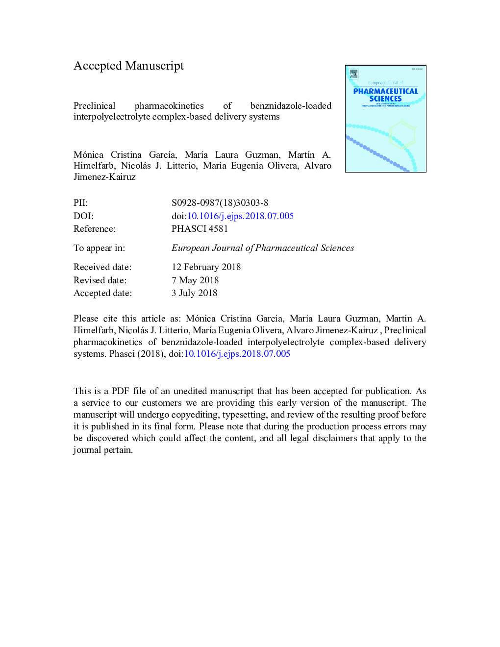 Preclinical pharmacokinetics of benznidazole-loaded interpolyelectrolyte complex-based delivery systems