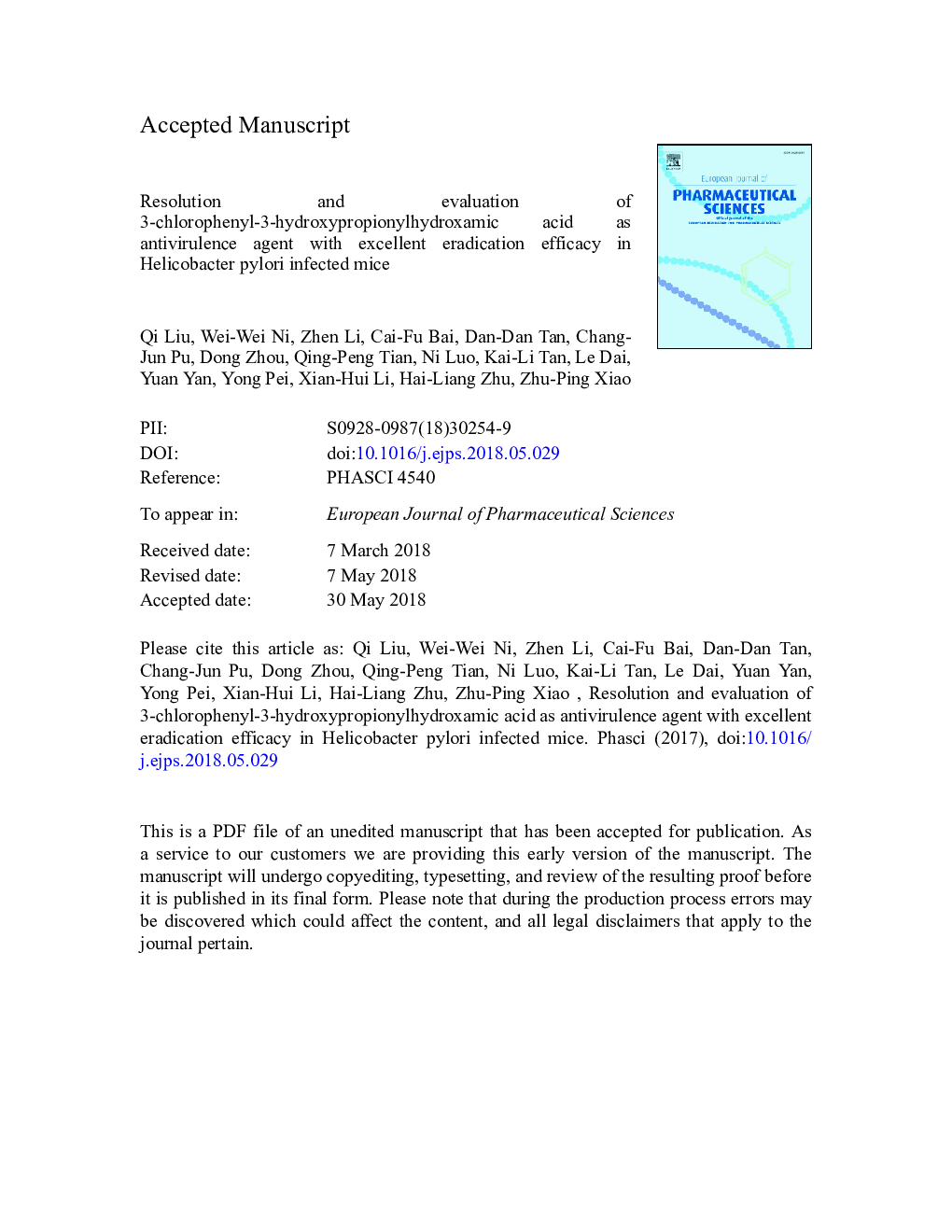 Resolution and evaluation of 3-chlorophenyl-3-hydroxypropionylhydroxamic acid as antivirulence agent with excellent eradication efficacy in Helicobacter pylori infected mice