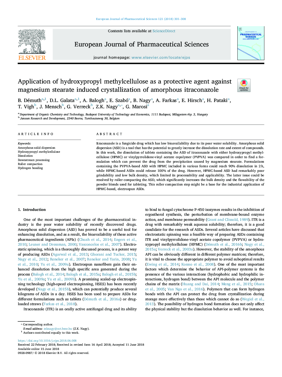 Application of hydroxypropyl methylcellulose as a protective agent against magnesium stearate induced crystallization of amorphous itraconazole