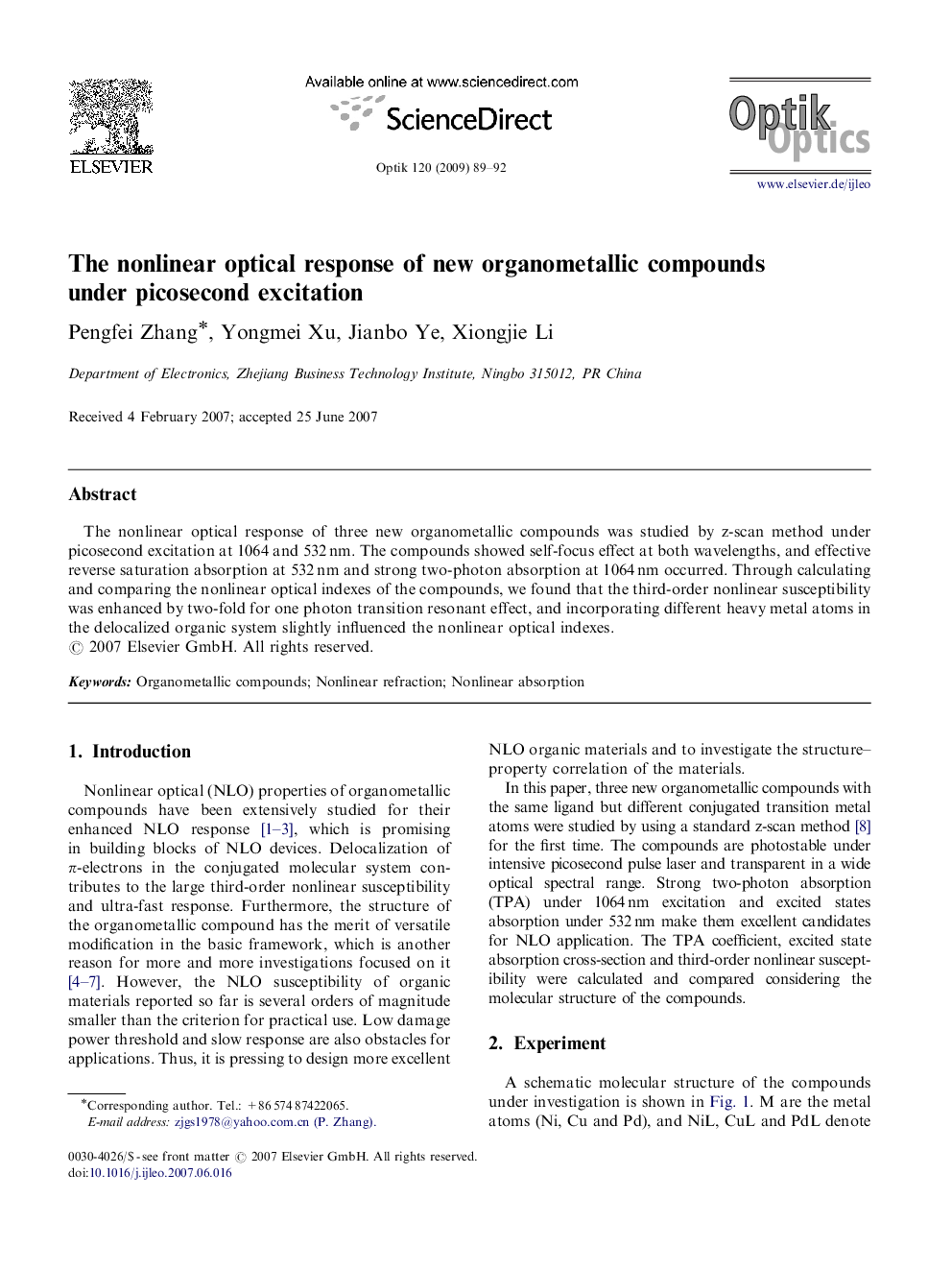 The nonlinear optical response of new organometallic compounds under picosecond excitation