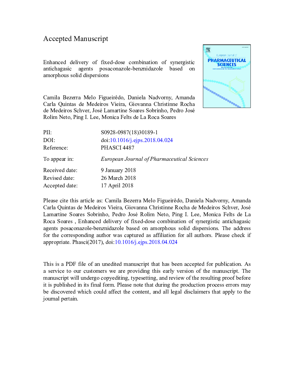 عکس صفحه اول مقاله: Enhanced delivery of fixed-dose combination of synergistic antichagasic agents posaconazole-benznidazole based on amorphous solid dispersions Enhanced delivery of fixed-dose combination of synergistic antichagasic agents posaconazole-benznidazole based on amorphous solid dispersions