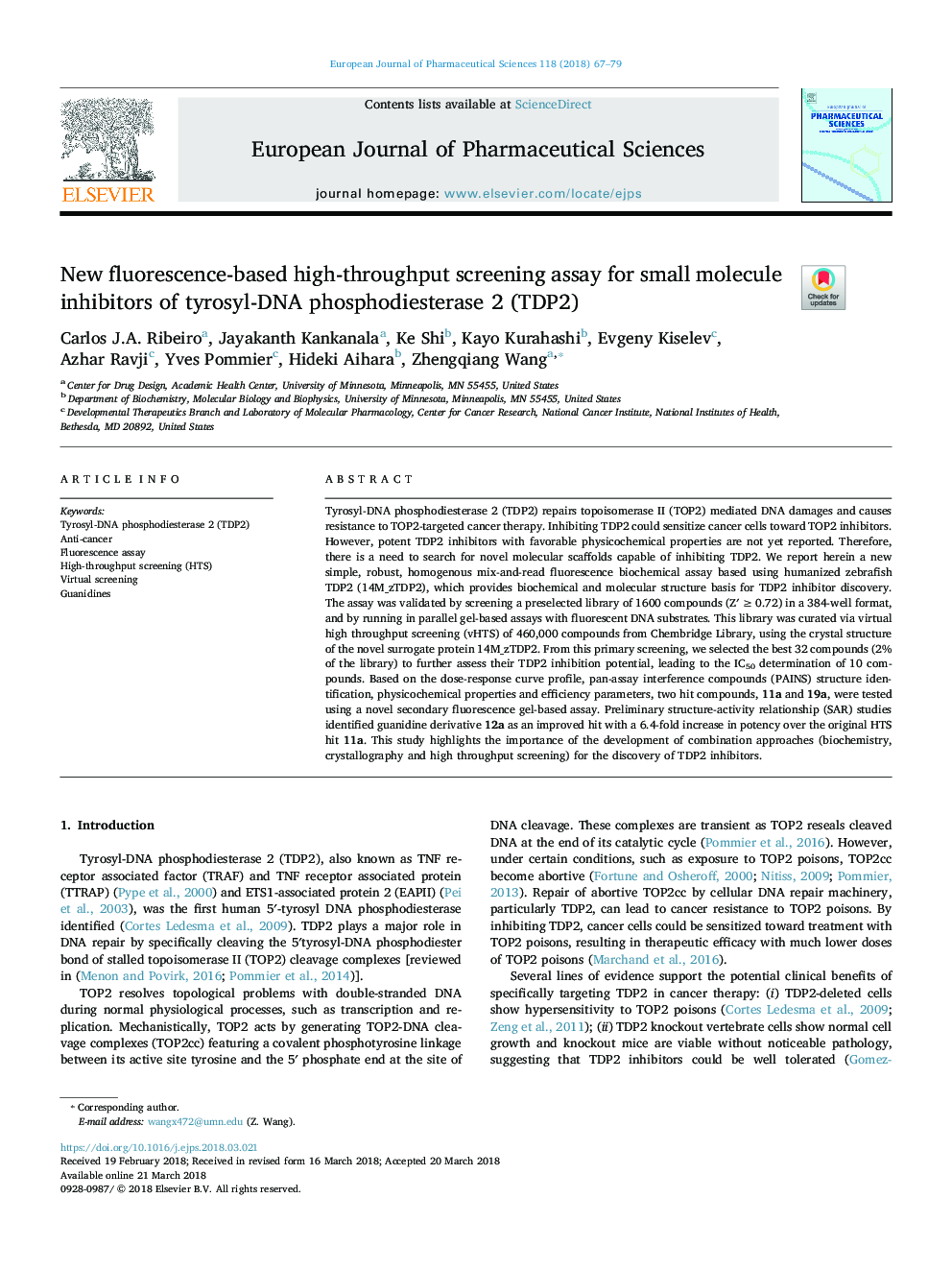 New fluorescence-based high-throughput screening assay for small molecule inhibitors of tyrosyl-DNA phosphodiesterase 2 (TDP2)