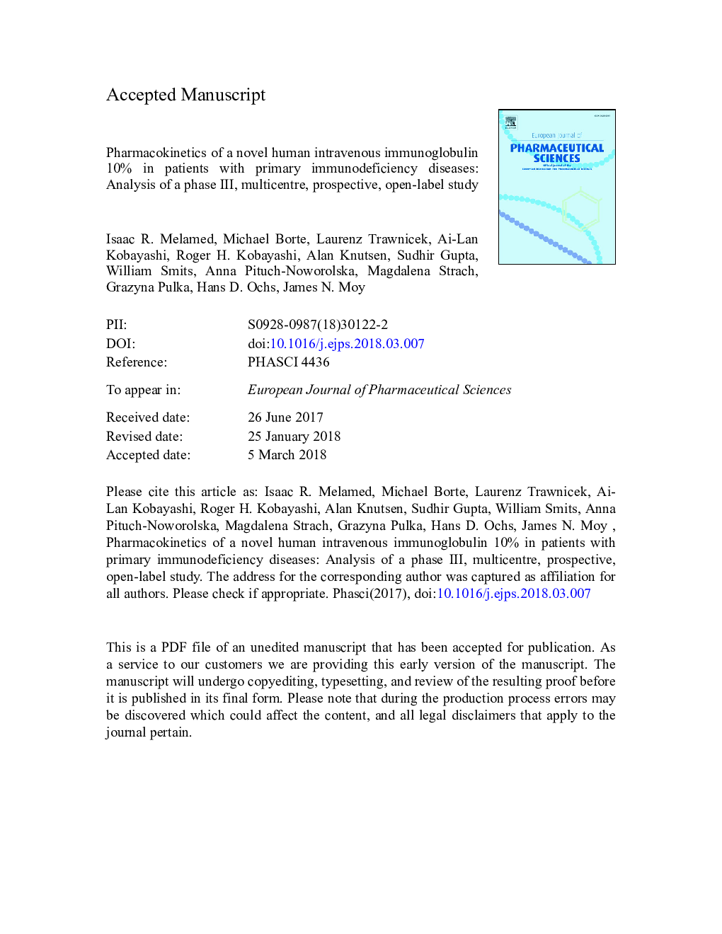 Pharmacokinetics of a novel human intravenous immunoglobulin 10% in patients with primary immunodeficiency diseases: Analysis of a phase III, multicentre, prospective, open-label study