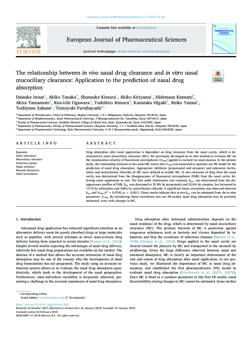 The relationship between in vivo nasal drug clearance and in vitro nasal mucociliary clearance: Application to the prediction of nasal drug absorption