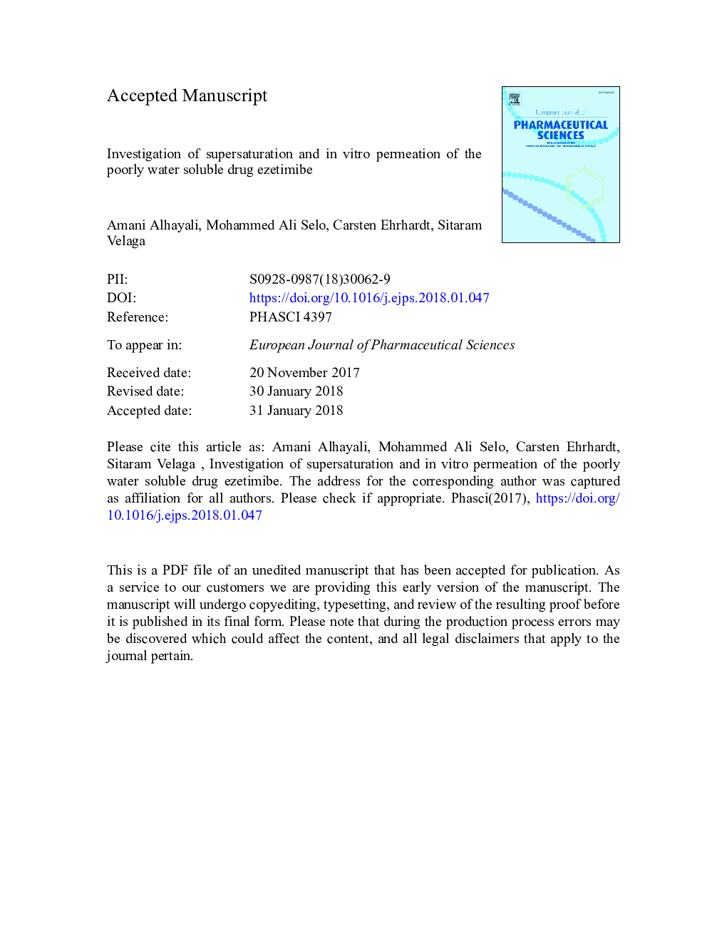 Investigation of supersaturation and in vitro permeation of the poorly water soluble drug ezetimibe