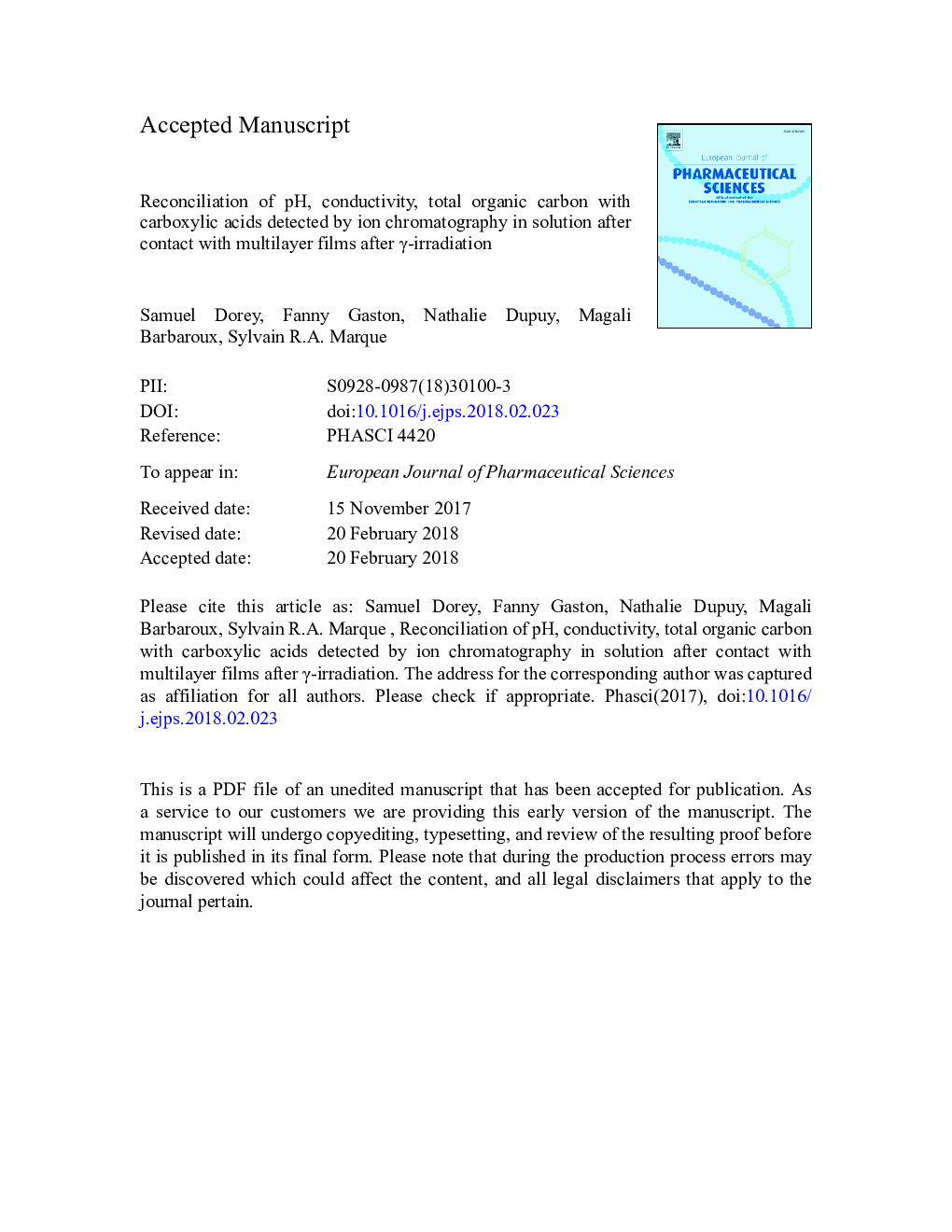 Reconciliation of pH, conductivity, total organic carbon with carboxylic acids detected by ion chromatography in solution after contact with multilayer films after Î³-irradiation