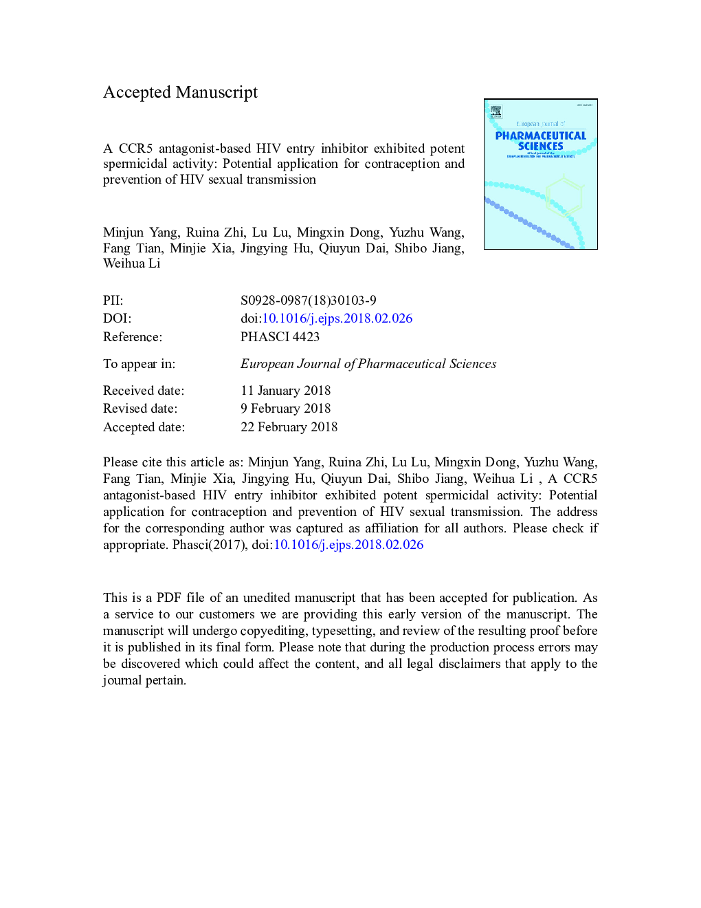 A CCR5 antagonist-based HIV entry inhibitor exhibited potent spermicidal activity: Potential application for contraception and prevention of HIV sexual transmission