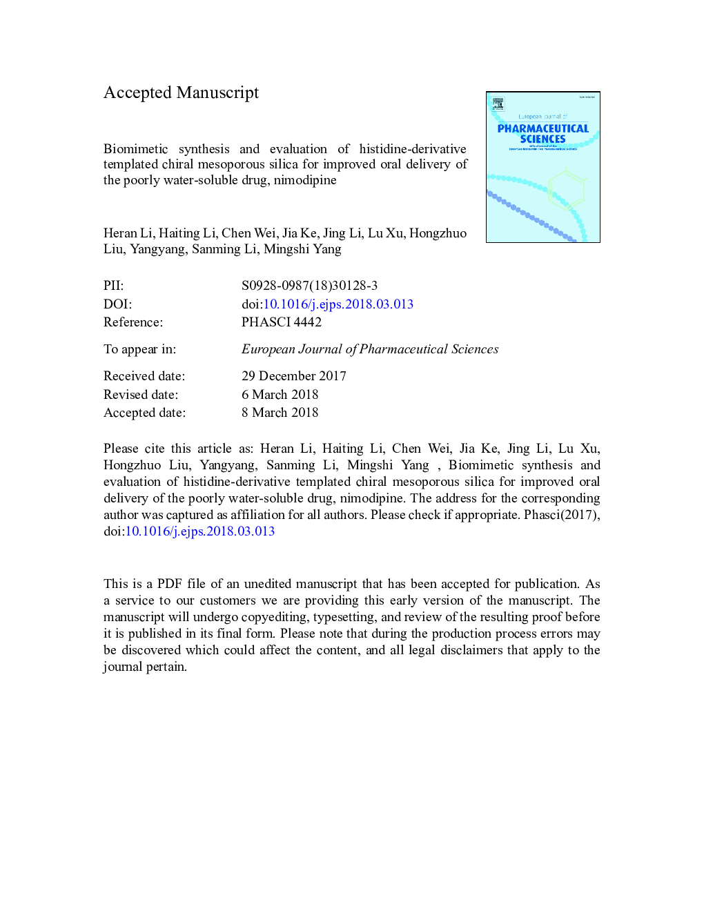 Biomimetic synthesis and evaluation of histidine-derivative templated chiral mesoporous silica for improved oral delivery of the poorly water-soluble drug, nimodipine