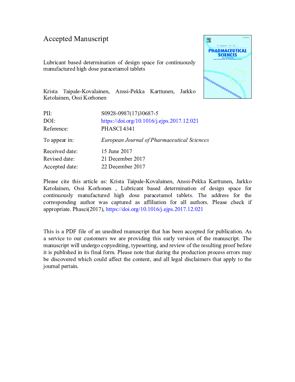 Lubricant based determination of design space for continuously manufactured high dose paracetamol tablets