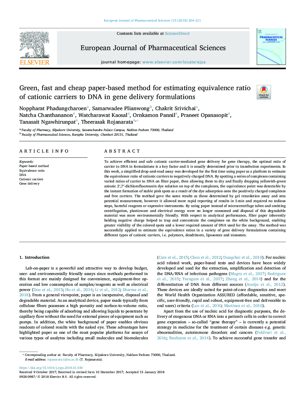 Green, fast and cheap paper-based method for estimating equivalence ratio of cationic carriers to DNA in gene delivery formulations