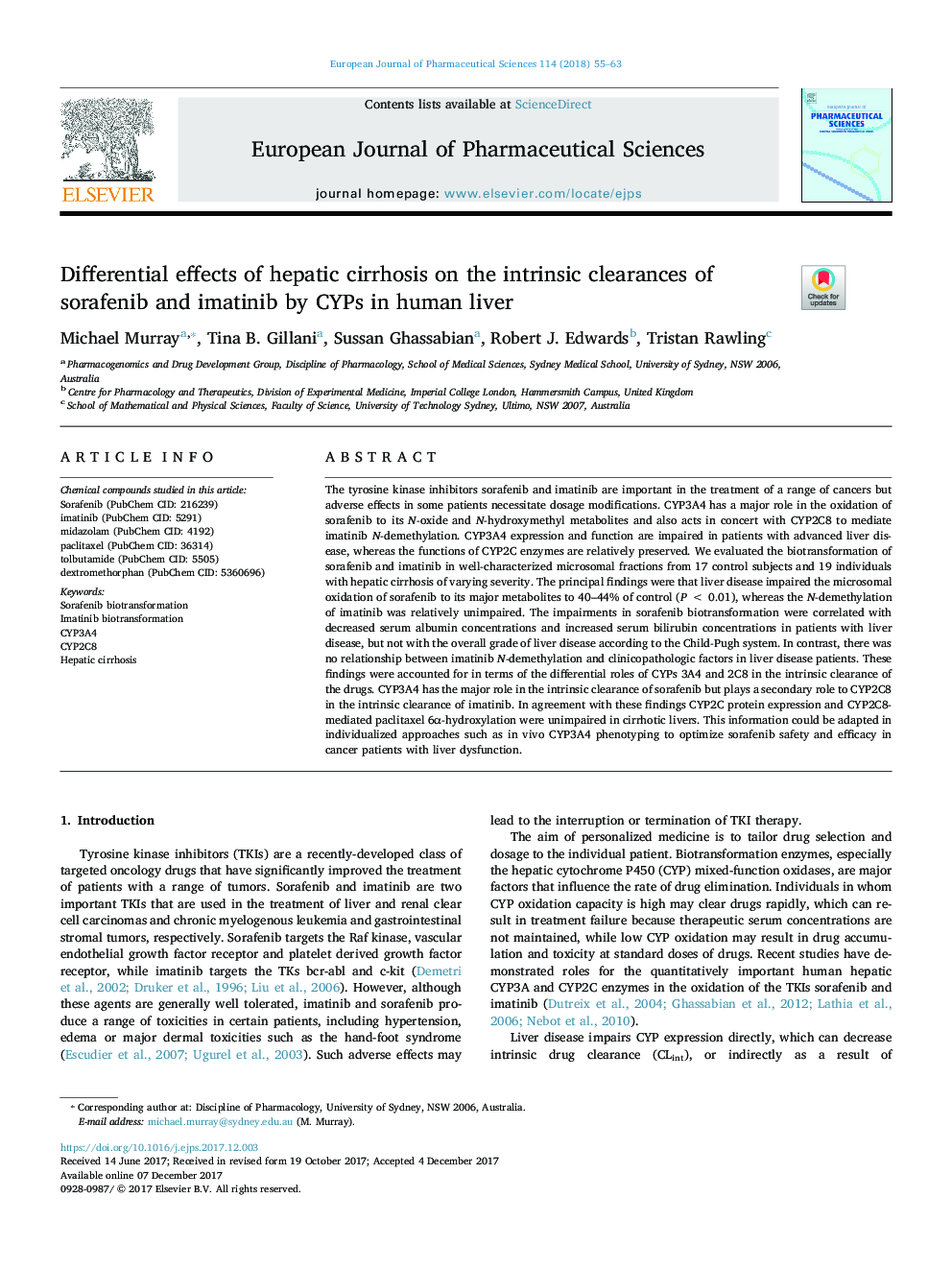 Differential effects of hepatic cirrhosis on the intrinsic clearances of sorafenib and imatinib by CYPs in human liver