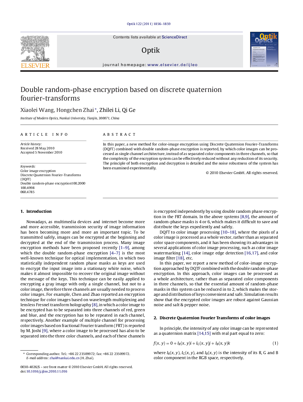 Double random-phase encryption based on discrete quaternion fourier-transforms