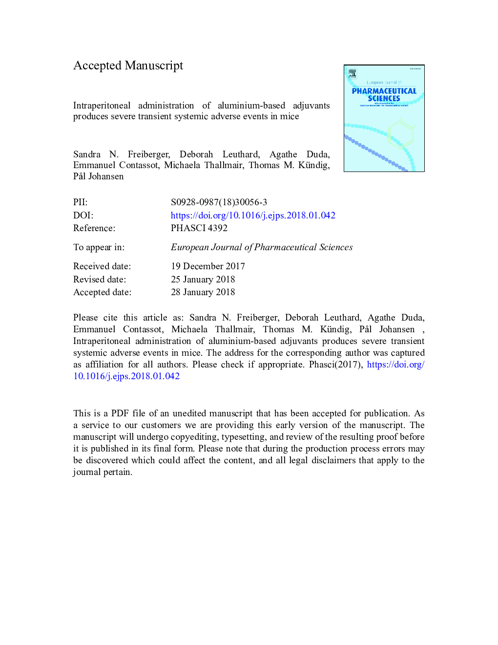 Intraperitoneal administration of aluminium-based adjuvants produces severe transient systemic adverse events in mice