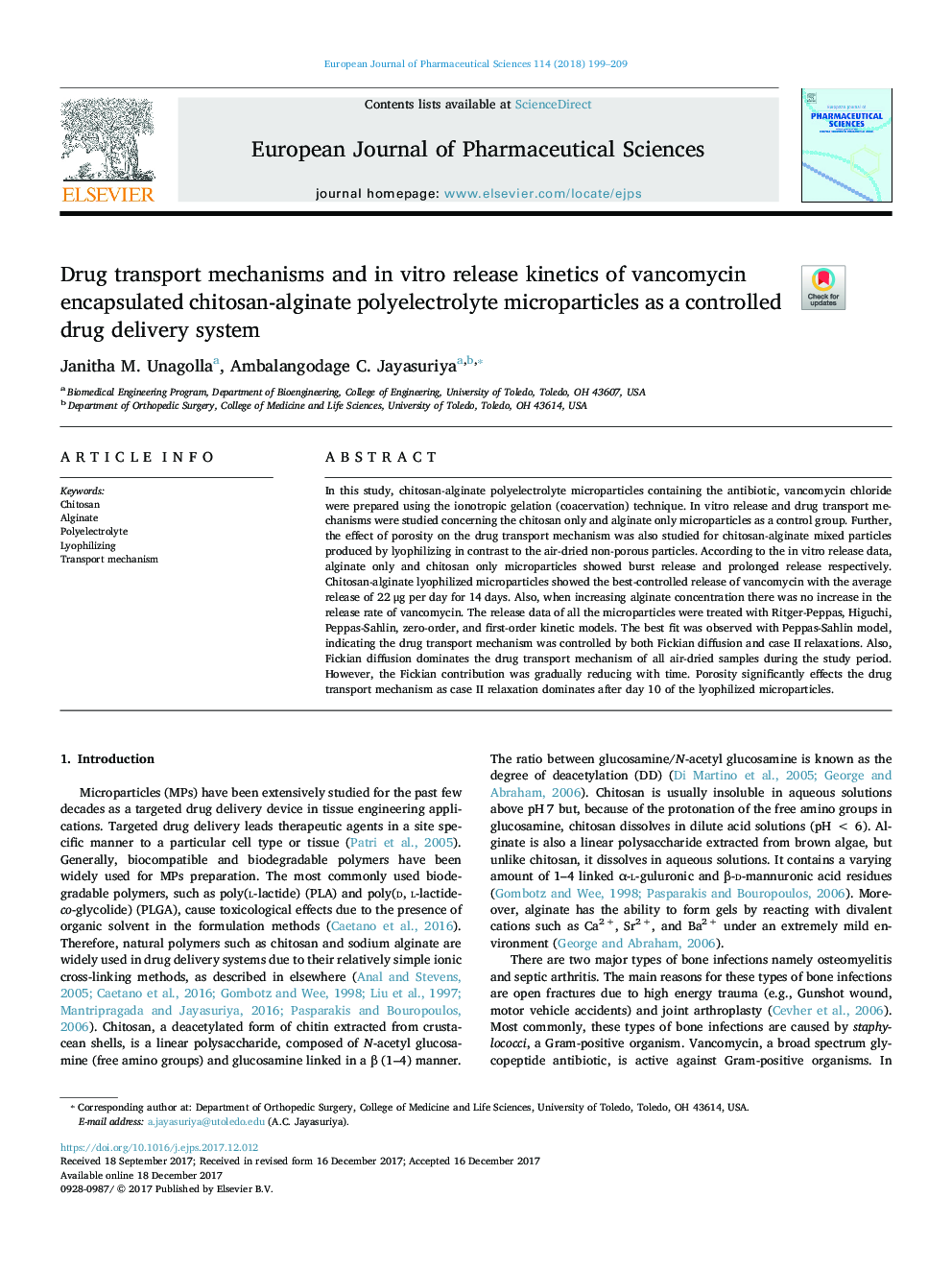 Drug transport mechanisms and in vitro release kinetics of vancomycin encapsulated chitosan-alginate polyelectrolyte microparticles as a controlled drug delivery system