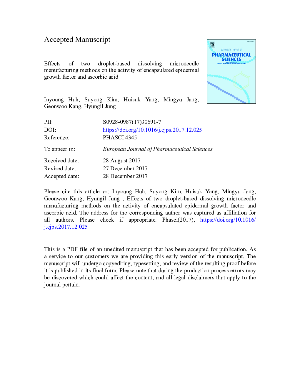 Effects of two droplet-based dissolving microneedle manufacturing methods on the activity of encapsulated epidermal growth factor and ascorbic acid