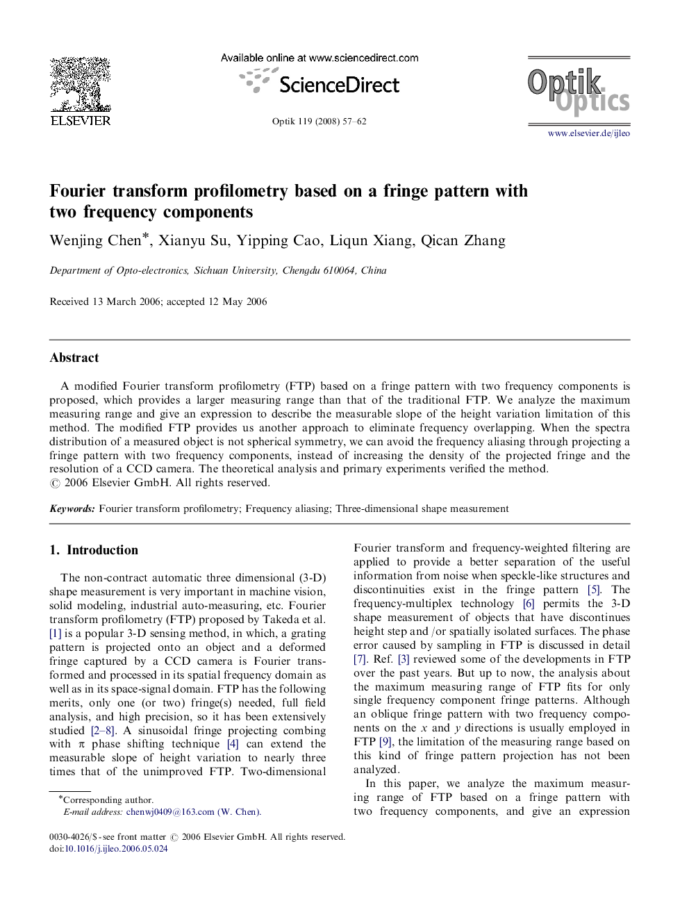 Fourier transform profilometry based on a fringe pattern with two frequency components