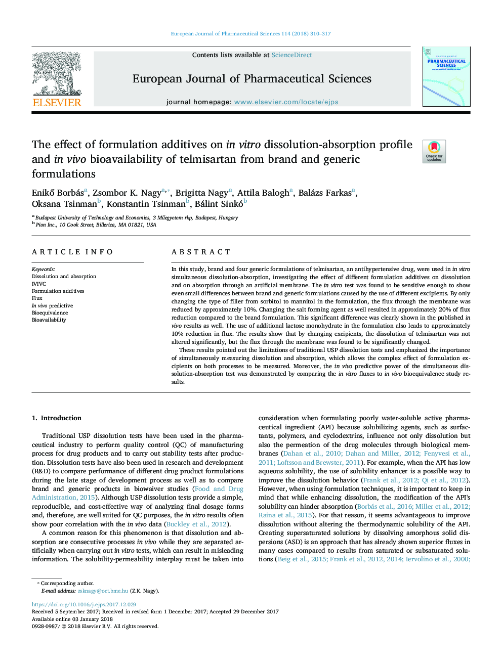 The effect of formulation additives on in vitro dissolution-absorption profile and in vivo bioavailability of telmisartan from brand and generic formulations