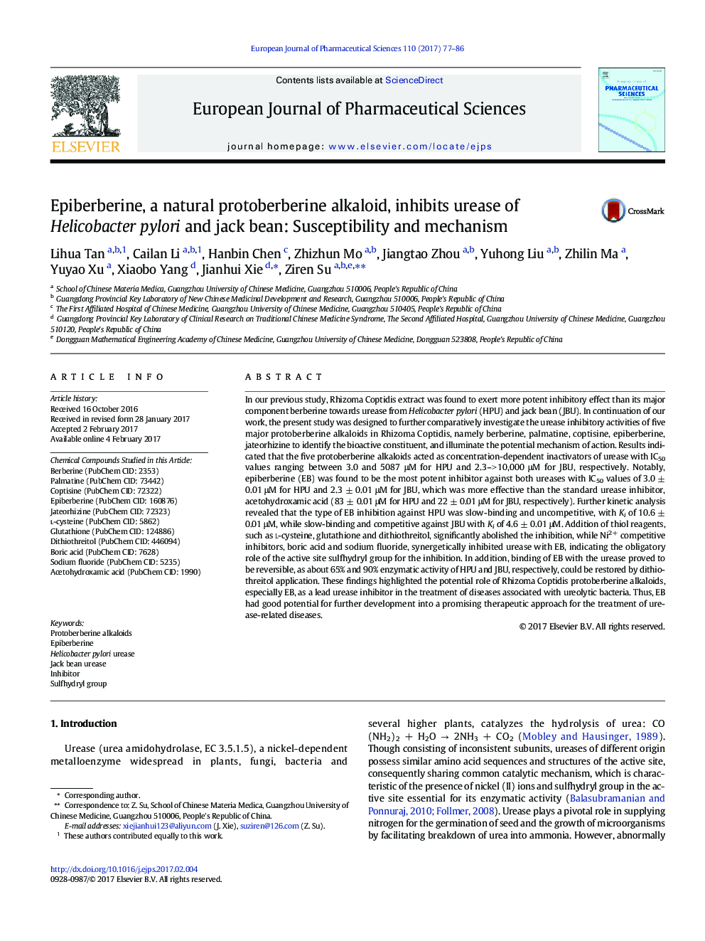 Epiberberine, a natural protoberberine alkaloid, inhibits urease of Helicobacter pylori and jack bean: Susceptibility and mechanism