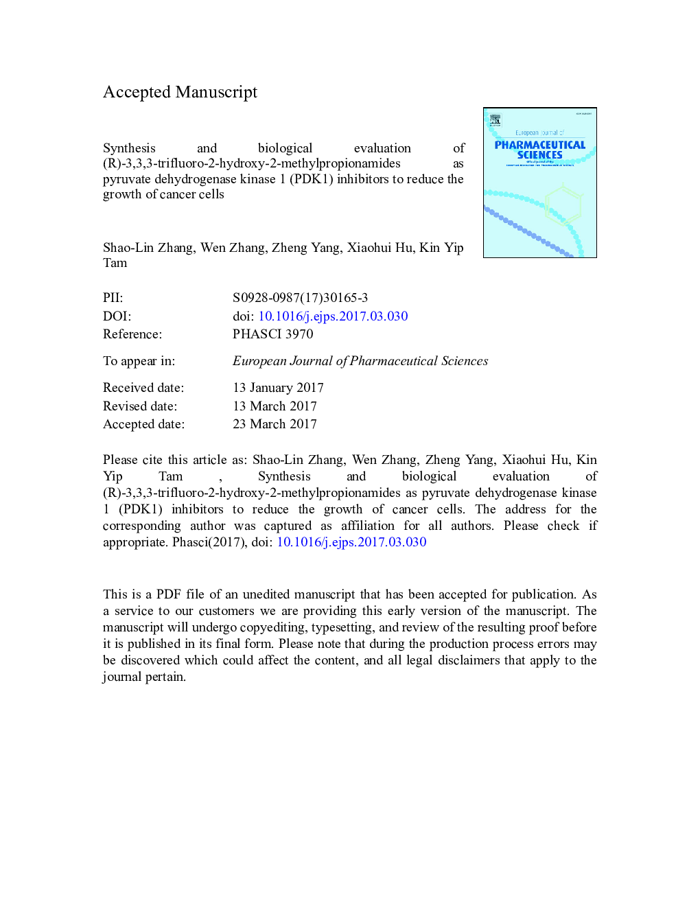 Synthesis and biological evaluation of (R)-3,3,3-trifluoro-2-hydroxy-2-methylpropionamides as pyruvate dehydrogenase kinase 1 (PDK1) inhibitors to reduce the growth of cancer cells