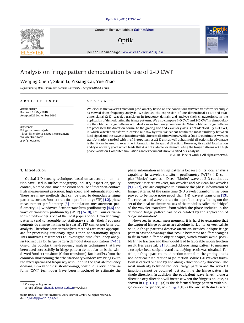 Analysis on fringe pattern demodulation by use of 2-D CWT