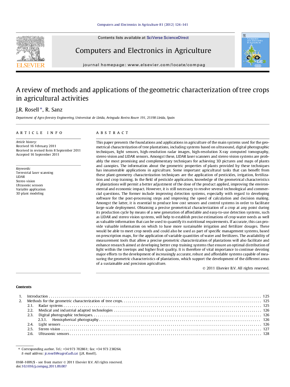 A review of methods and applications of the geometric characterization of tree crops in agricultural activities