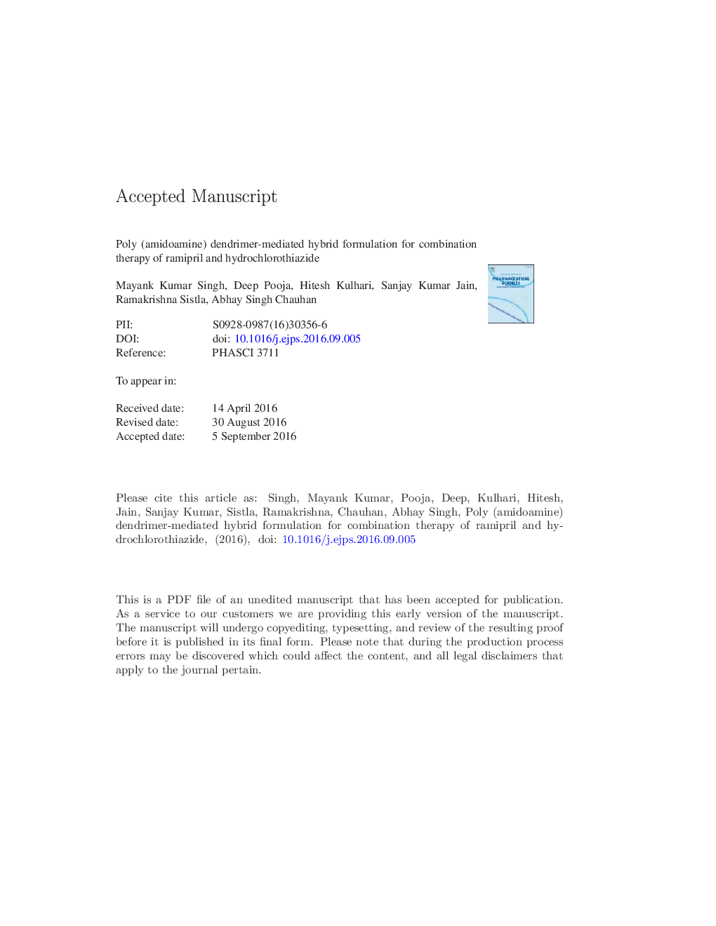 Poly (amidoamine) dendrimer-mediated hybrid formulation for combination therapy of ramipril and hydrochlorothiazide