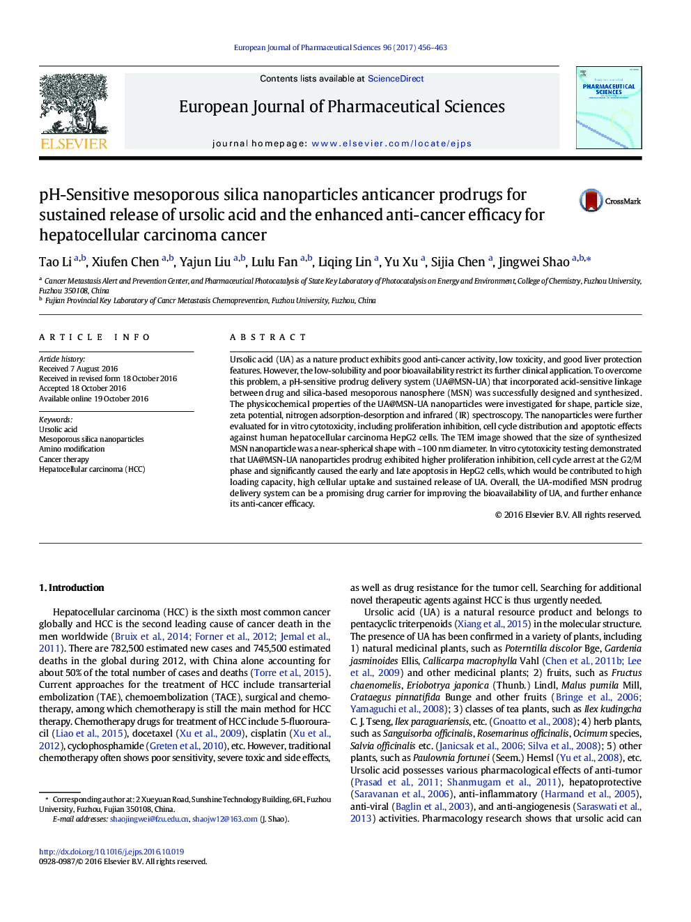 pH-Sensitive mesoporous silica nanoparticles anticancer prodrugs for sustained release of ursolic acid and the enhanced anti-cancer efficacy for hepatocellular carcinoma cancer