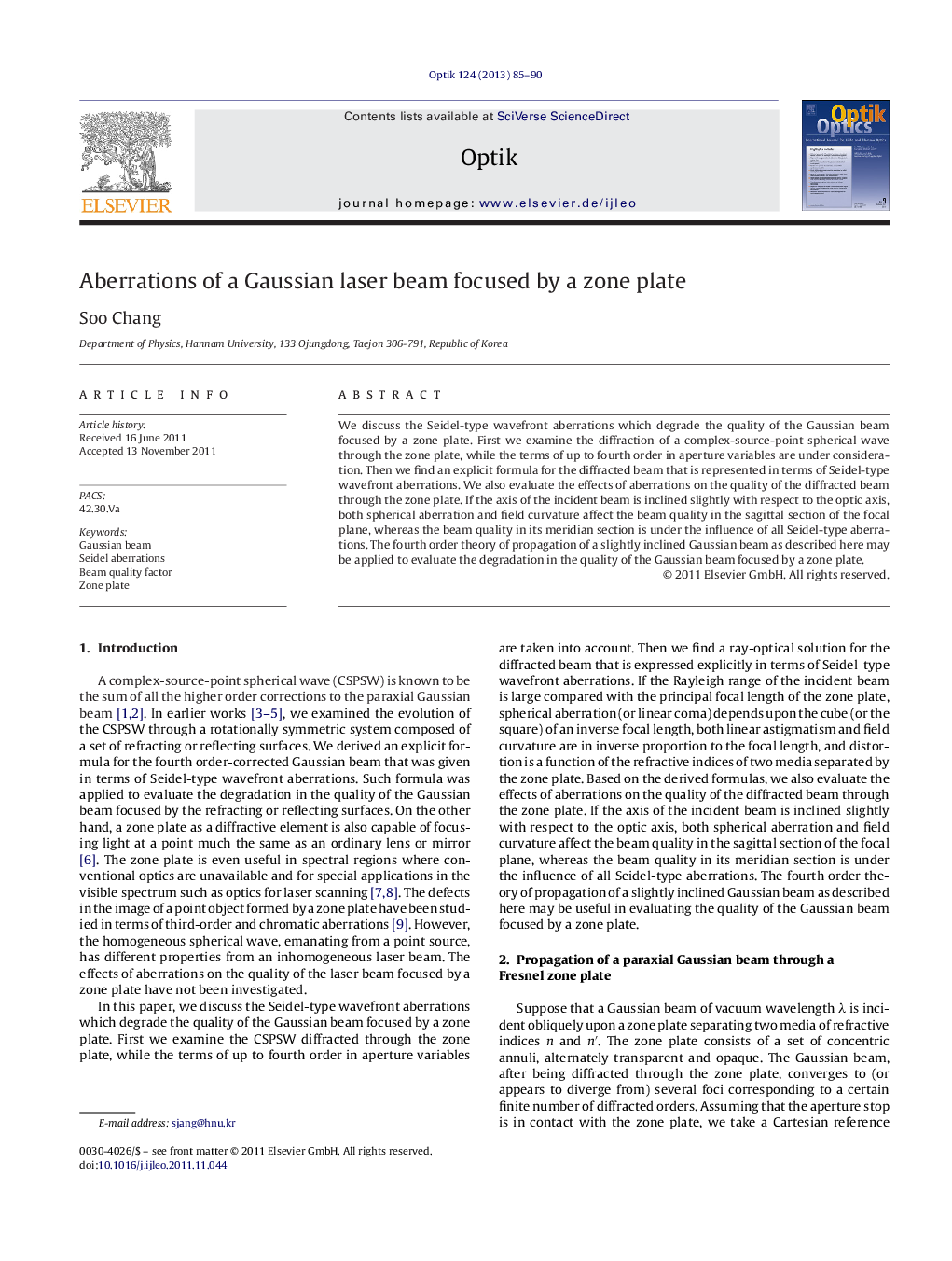 Aberrations of a Gaussian laser beam focused by a zone plate