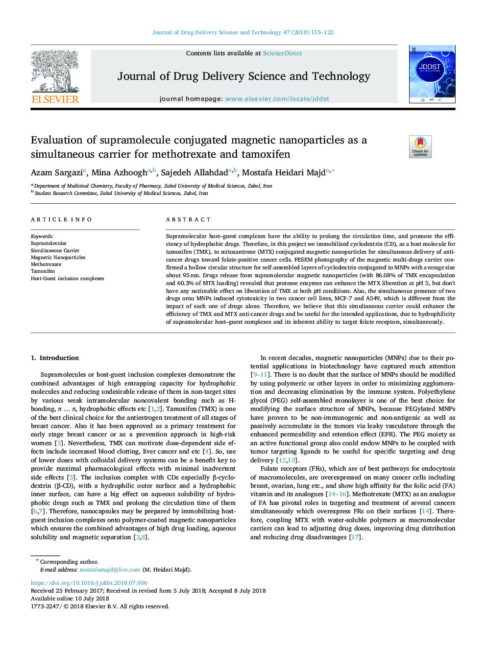 Evaluation of supramolecule conjugated magnetic nanoparticles as a simultaneous carrier for methotrexate and tamoxifen