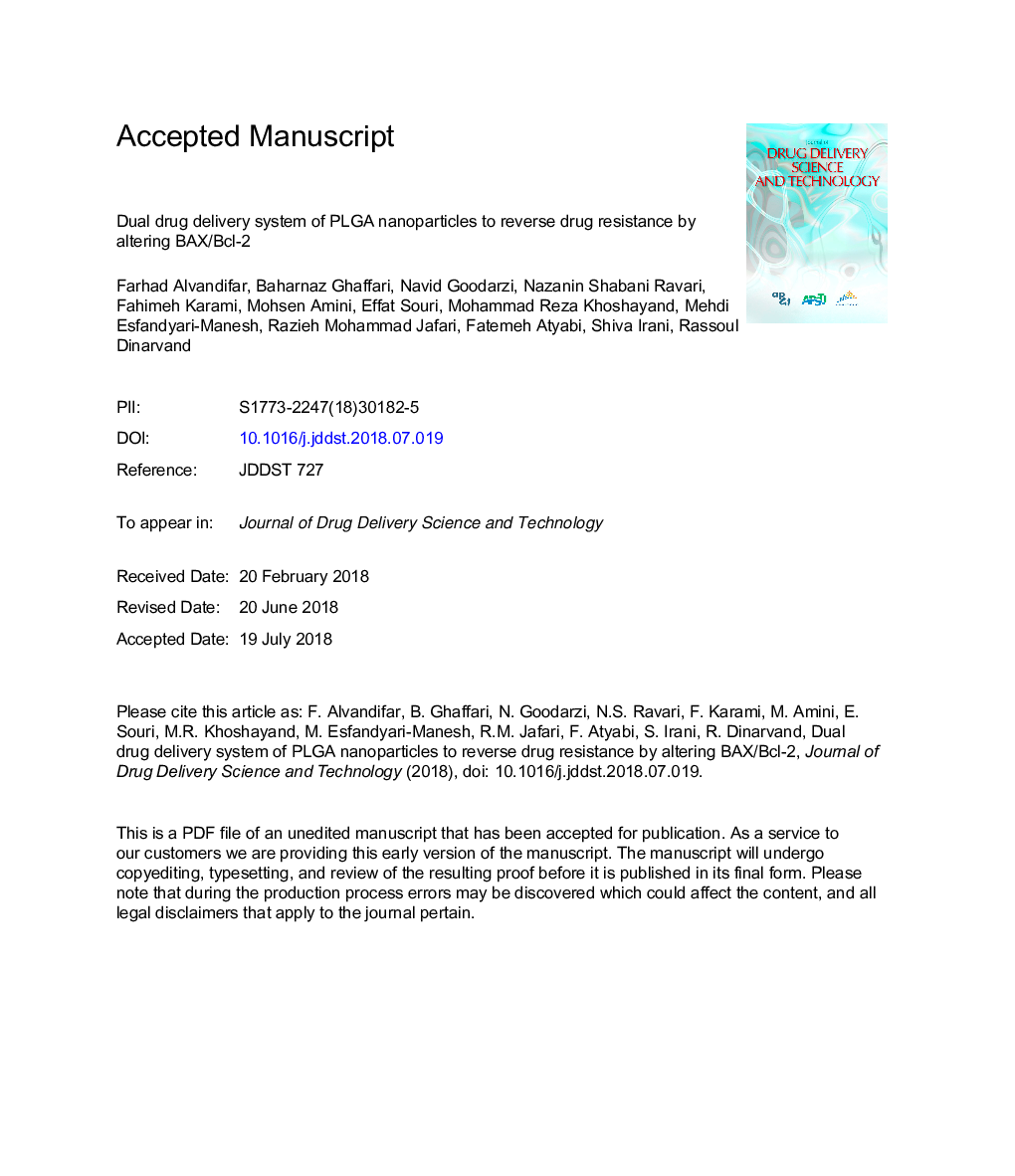 Dual drug delivery system of PLGA nanoparticles to reverse drug resistance by altering BAX/Bcl-2