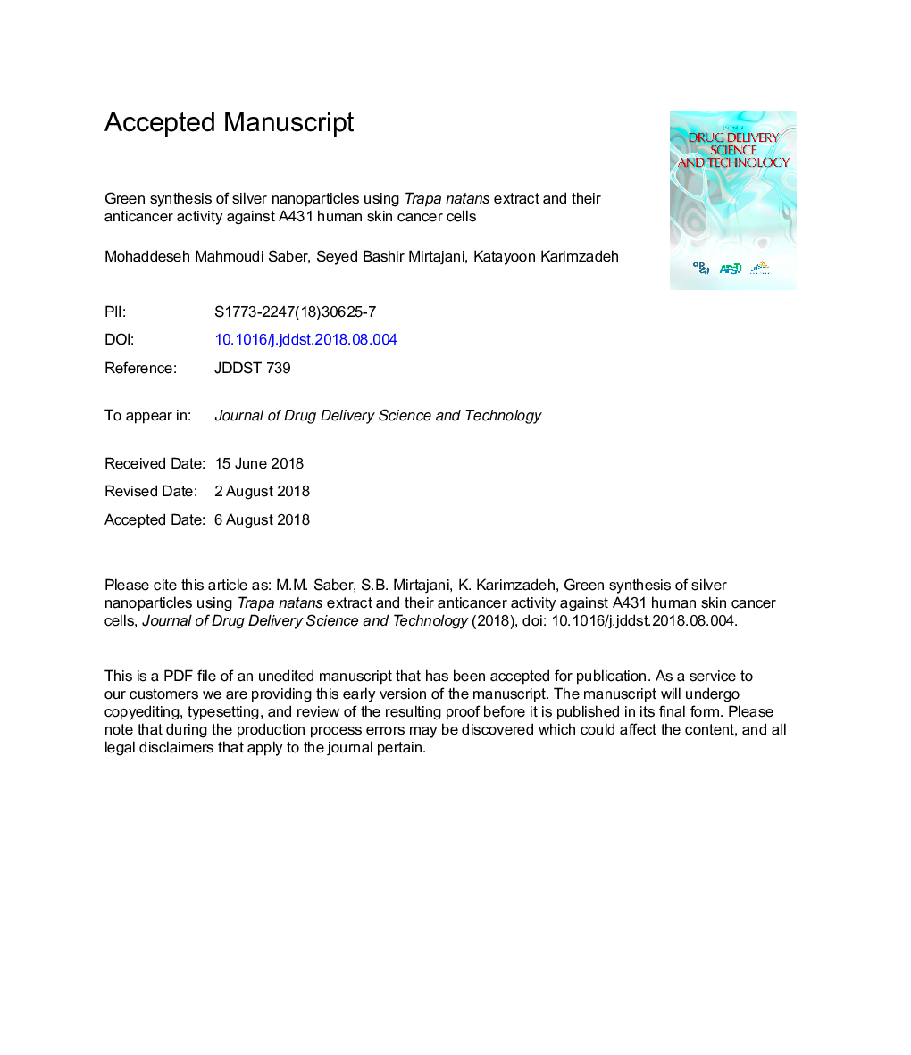 Green synthesis of silver nanoparticles using Trapa natans extract and their anticancer activity against A431 human skin cancer cells