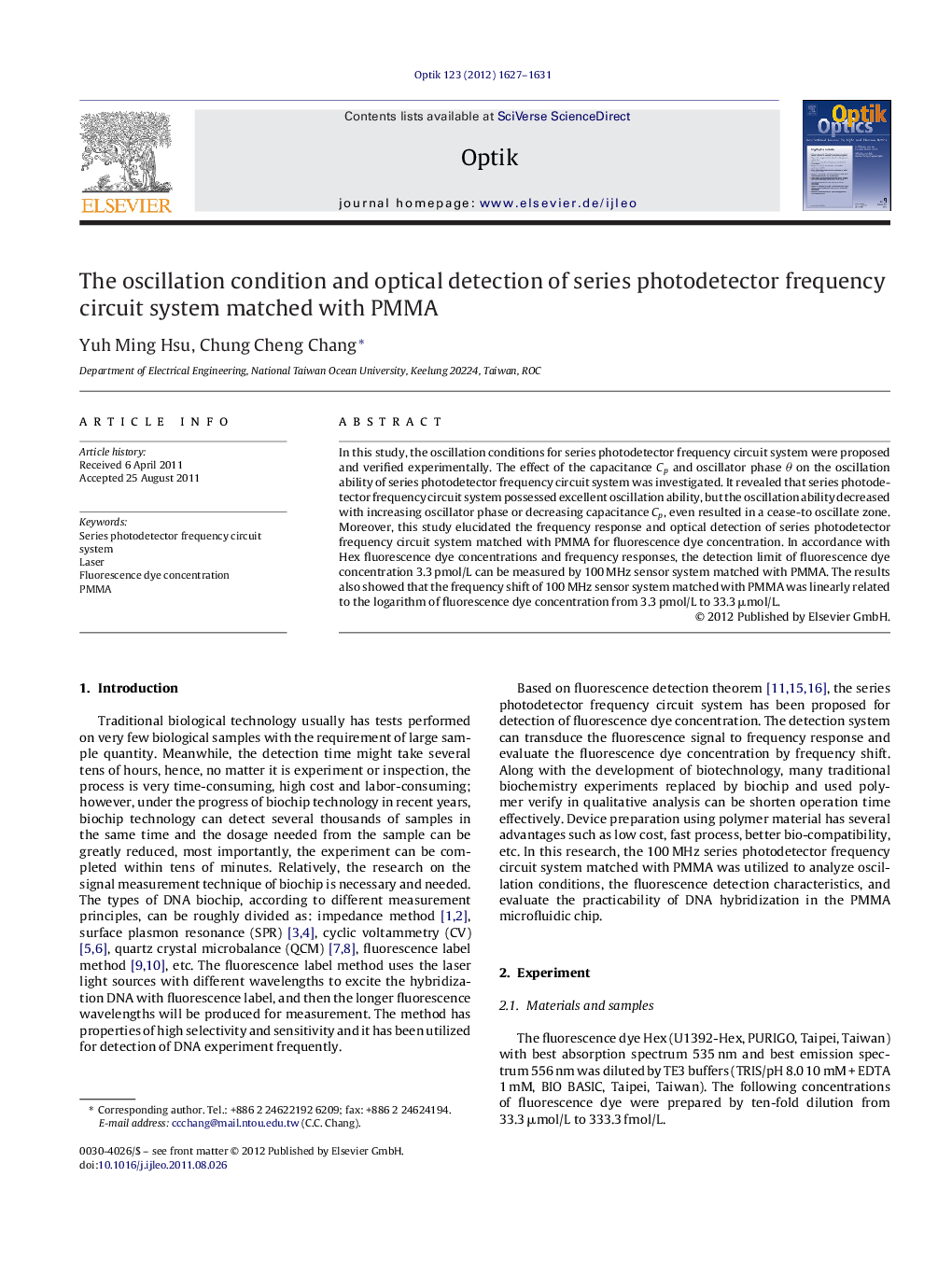 The oscillation condition and optical detection of series photodetector frequency circuit system matched with PMMA