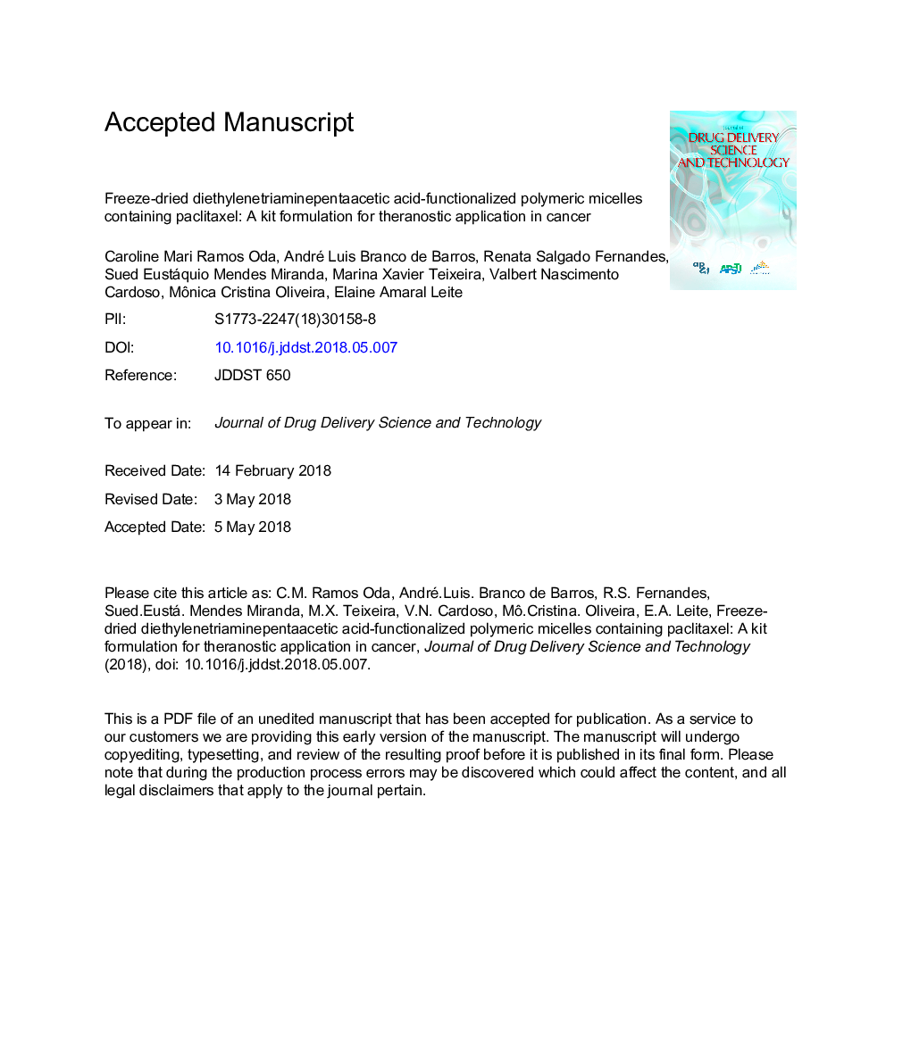 میسلیوم های پلیمری حاوی اسیدیته رقیق شده حاوی یخ زدگی حاوی پیک لیتراکسل: فرمول کیت برای کاربرد تانانوستیک در سرطان 