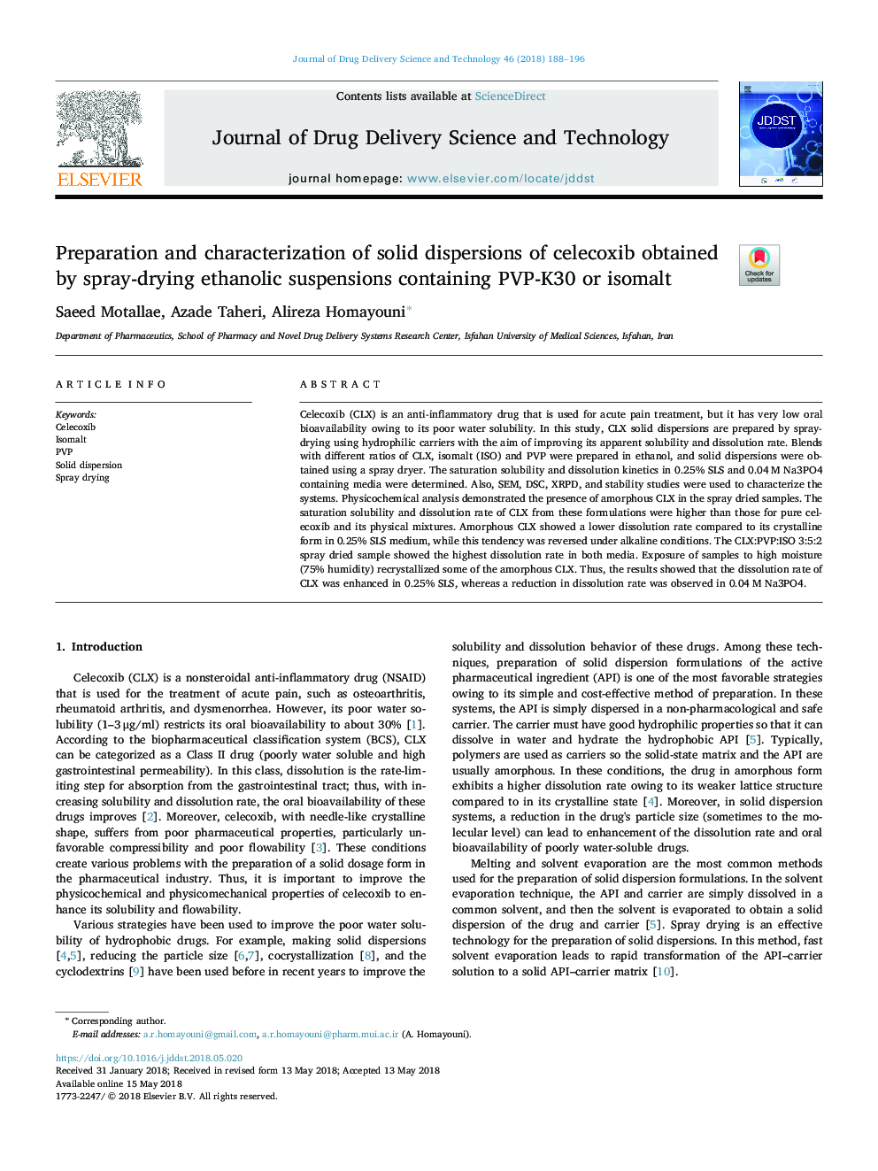 Preparation and characterization of solid dispersions of celecoxib obtained by spray-drying ethanolic suspensions containing PVP-K30 or isomalt