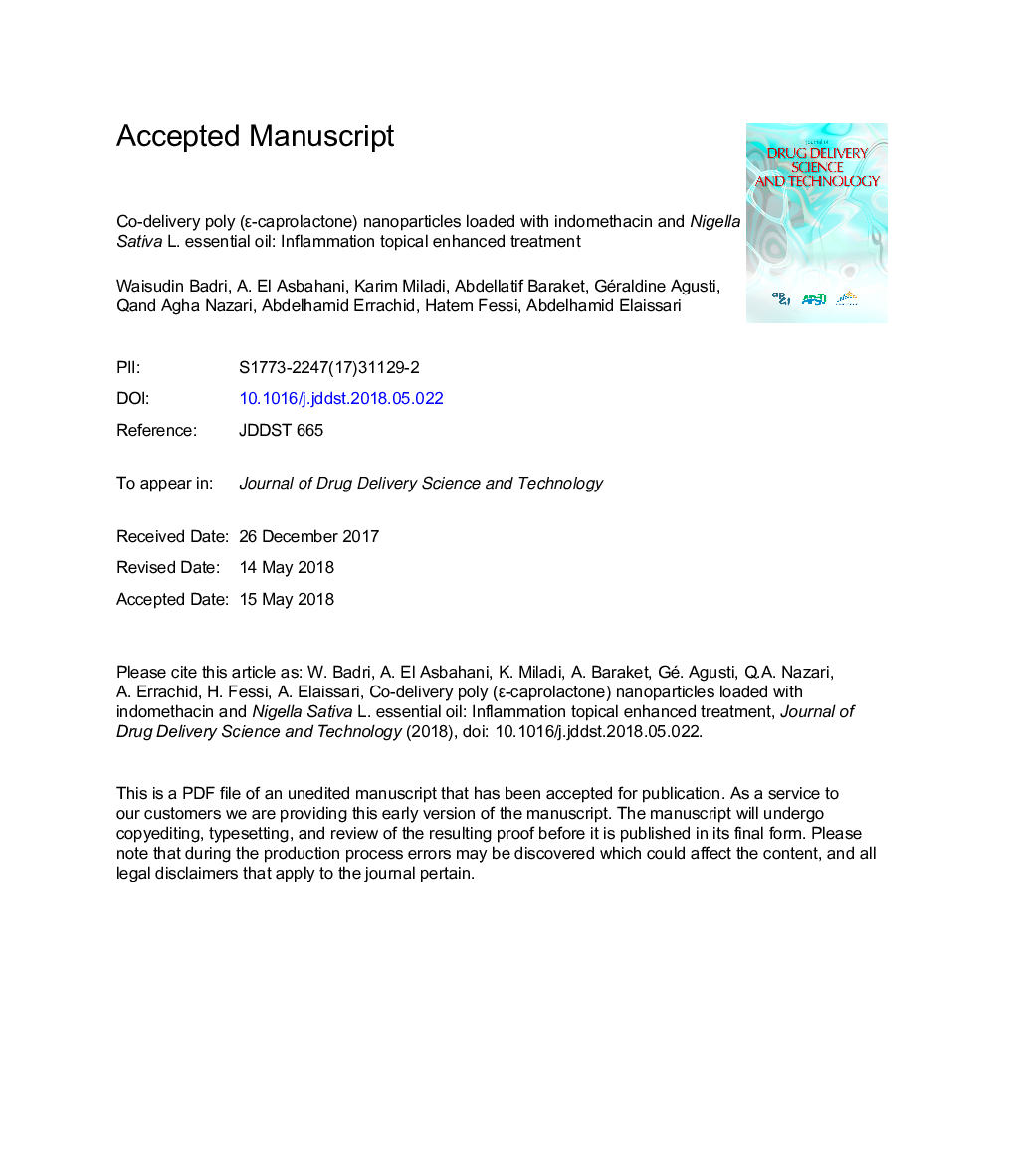 Poly (Îµ-caprolactone) nanoparticles loaded with indomethacin and Nigella Sativa L. essential oil for the topical treatment of inflammation