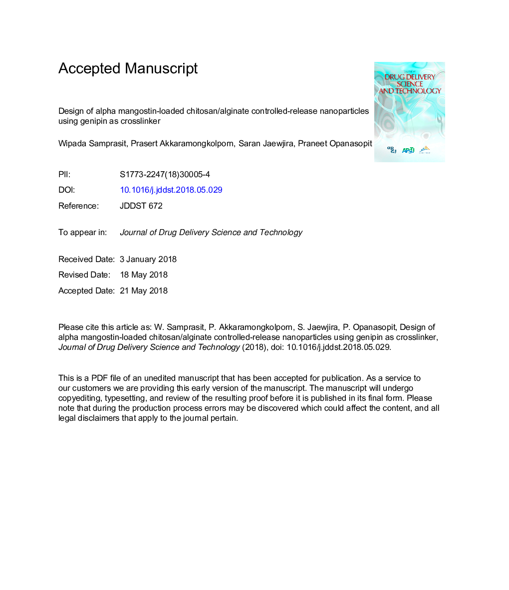 Design of alpha mangostin-loaded chitosan/alginate controlled-release nanoparticles using genipin as crosslinker