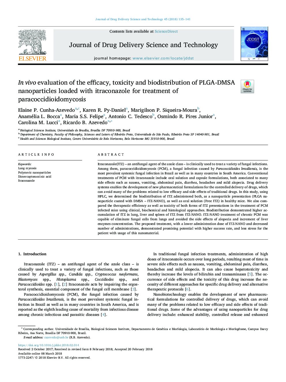 In vivo evaluation of the efficacy, toxicity and biodistribution of PLGA-DMSA nanoparticles loaded with itraconazole for treatment of paracoccidioidomycosis