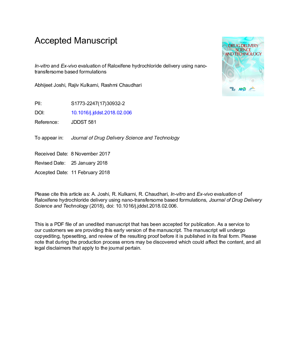 In-vitro and Ex-vivo evaluation of Raloxifene hydrochloride delivery using nano-transfersome based formulations