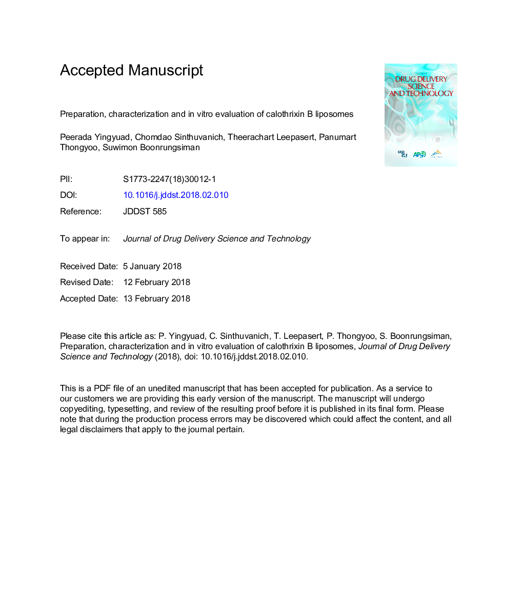 Preparation, characterization and in vitro evaluation of calothrixin B liposomes