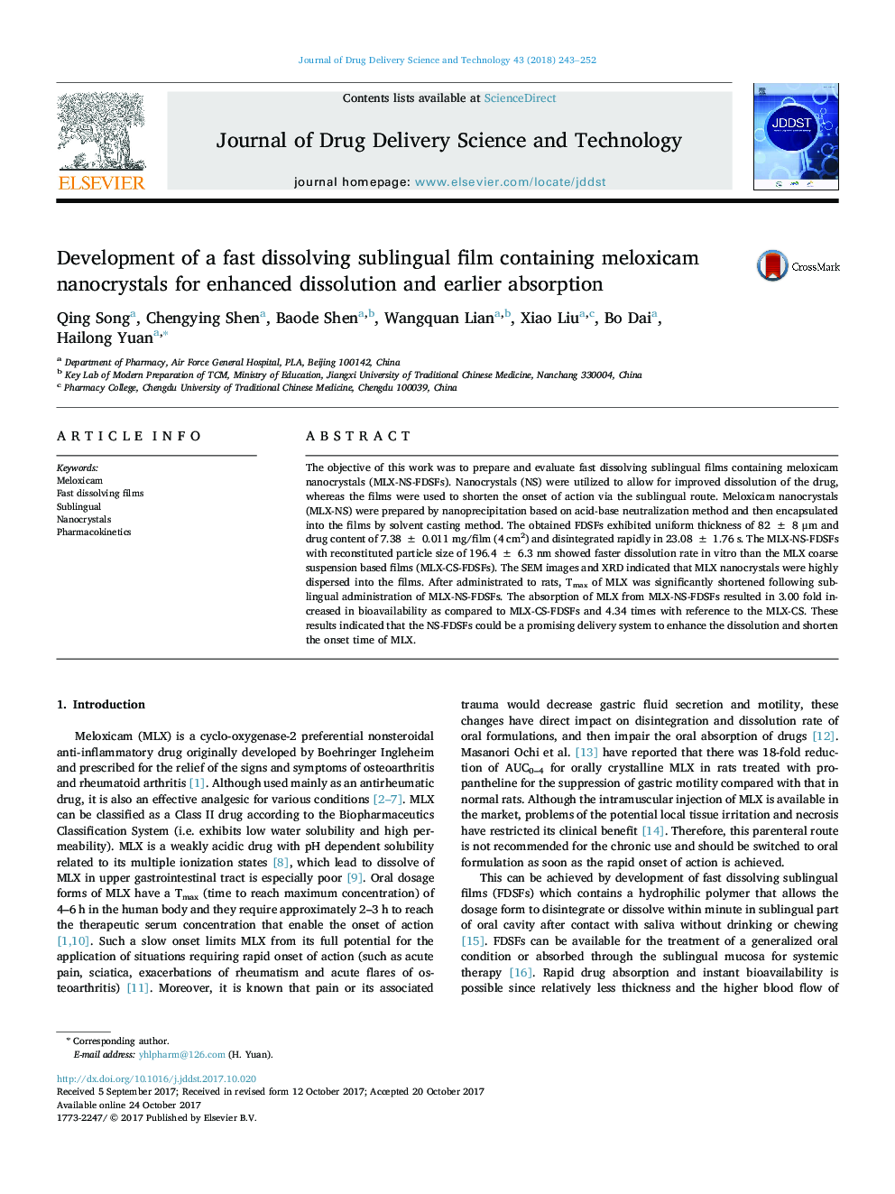 Development of a fast dissolving sublingual film containing meloxicam nanocrystals for enhanced dissolution and earlier absorption