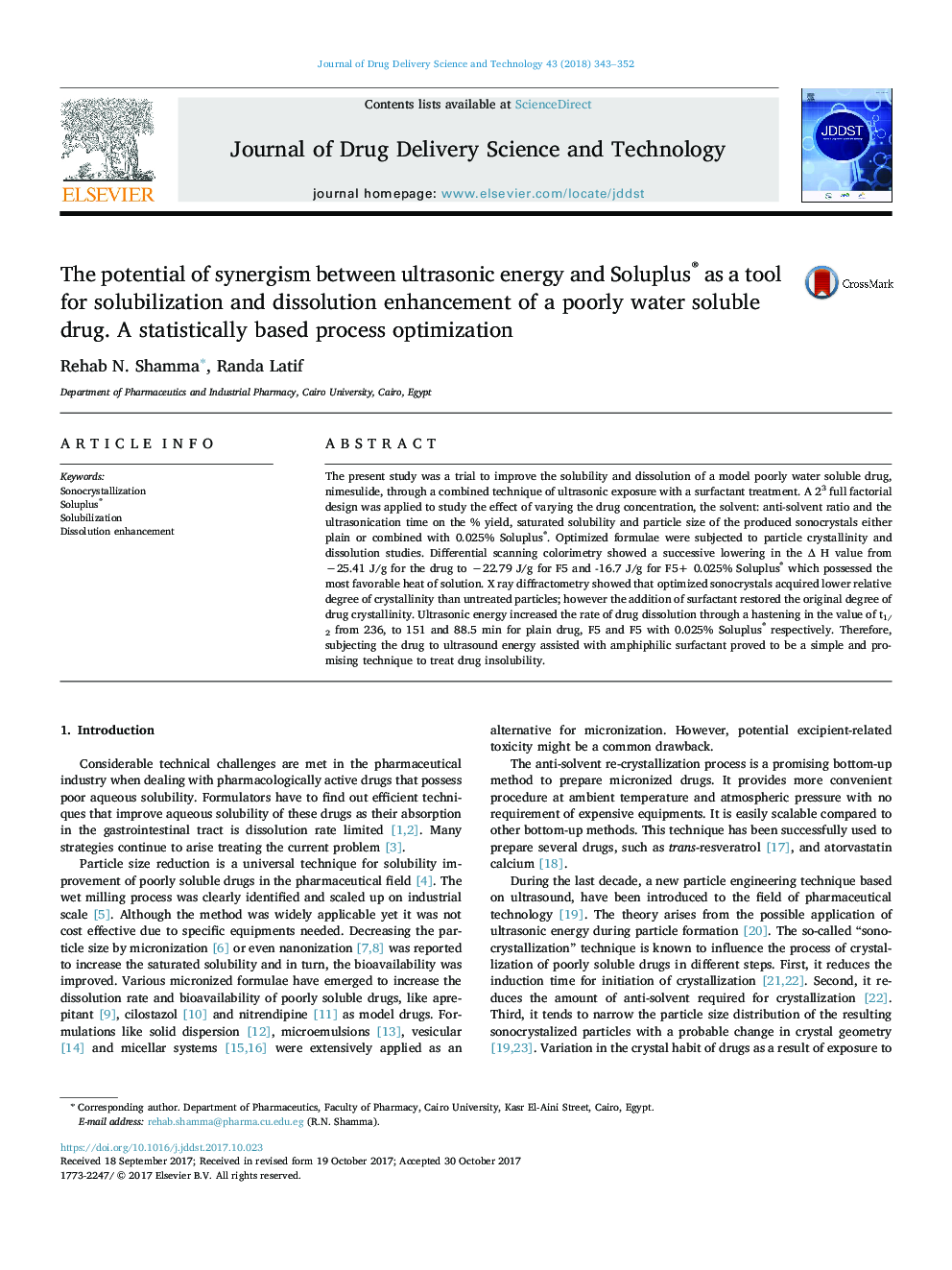 The potential of synergism between ultrasonic energy and Soluplus® as a tool for solubilization and dissolution enhancement of a poorly water soluble drug. A statistically based process optimization