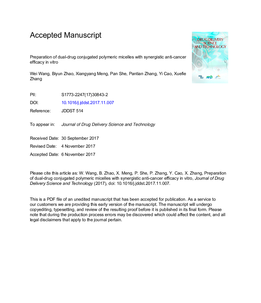 Preparation of dual-drug conjugated polymeric micelles with synergistic anti-cancer efficacy in vitro