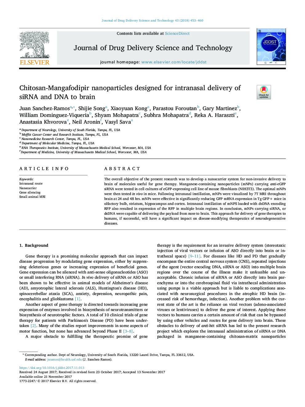 Chitosan-Mangafodipir nanoparticles designed for intranasal delivery of siRNA and DNA to brain