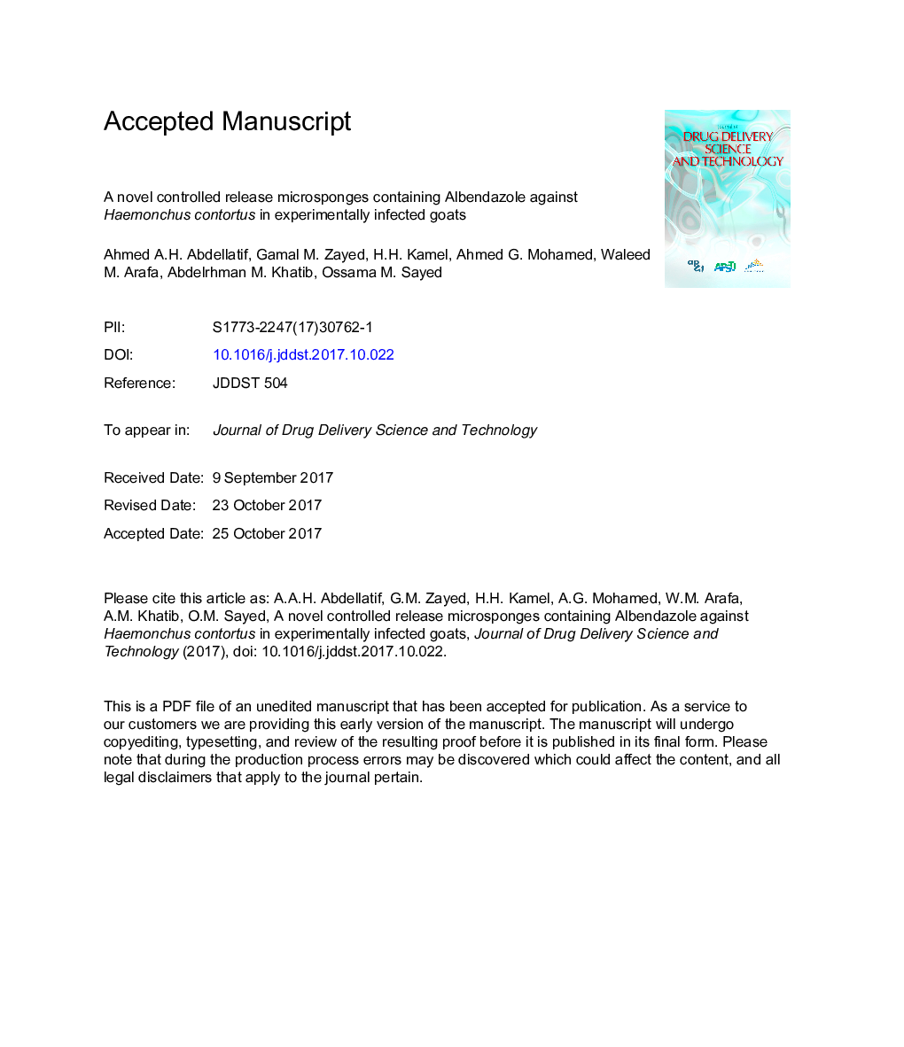 A novel controlled release microsponges containing Albendazole against Haemonchus contortus in experimentally infected goats