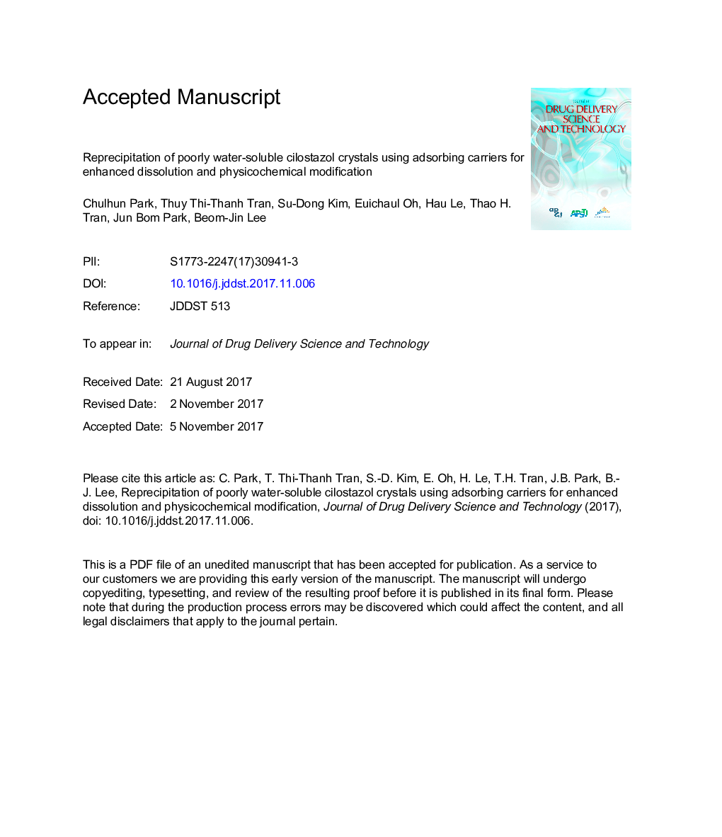 Reprecipitation of poorly water-soluble cilostazol crystals using adsorbing carriers for enhanced dissolution and physicochemical modification