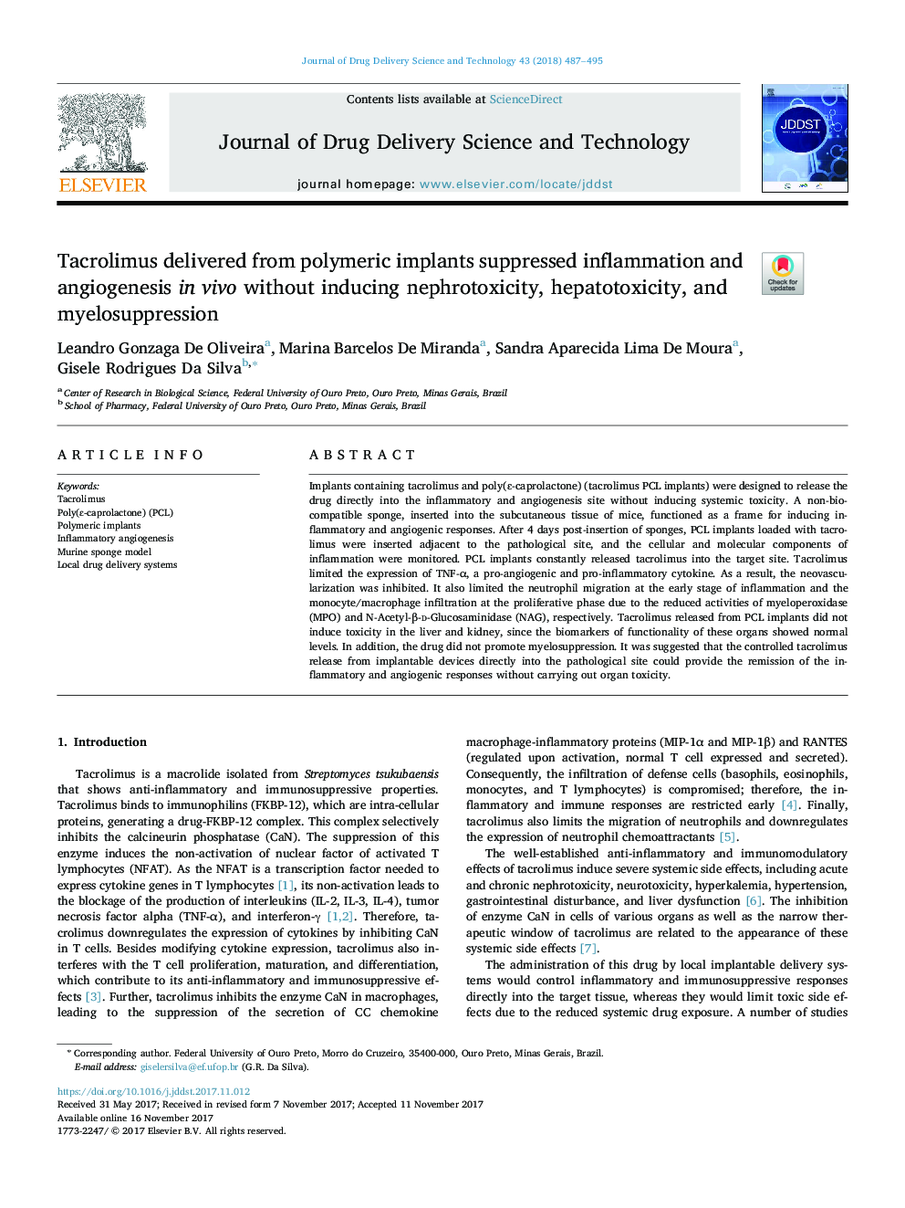 Tacrolimus delivered from polymeric implants suppressed inflammation and angiogenesis inÂ vivo without inducing nephrotoxicity, hepatotoxicity, and myelosuppression