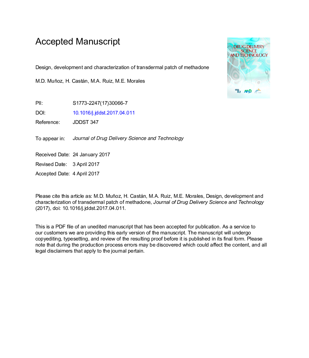 Design, development and characterization of transdermal patch of methadone